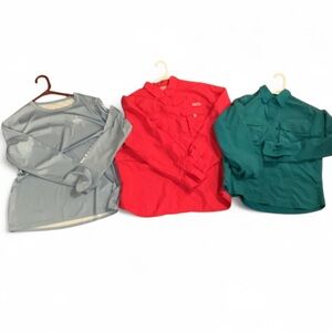 Lot of 3 Columbia PFG Pink L-Magellan Teal M & Guy Harvey XL Fishing Shirts LS